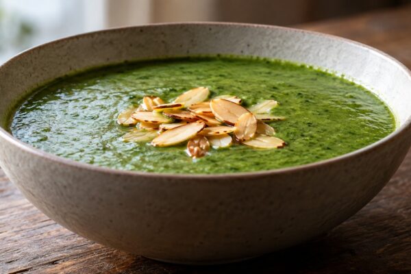 Brokkoli-Spinat-Suppe mit gerösteten Mandeln