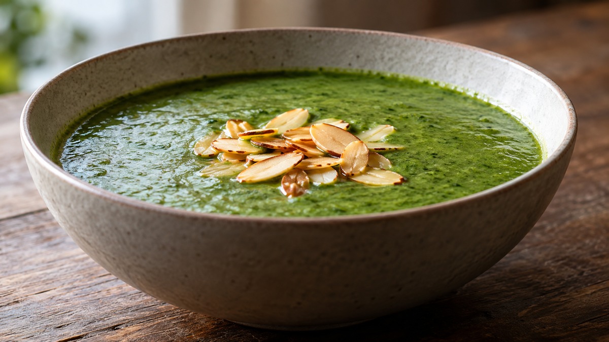 Brokkoli-Spinat-Suppe mit gerösteten Mandeln