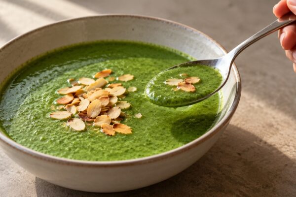 Brokkoli-Spinat-Suppe mit gerösteten Mandeln