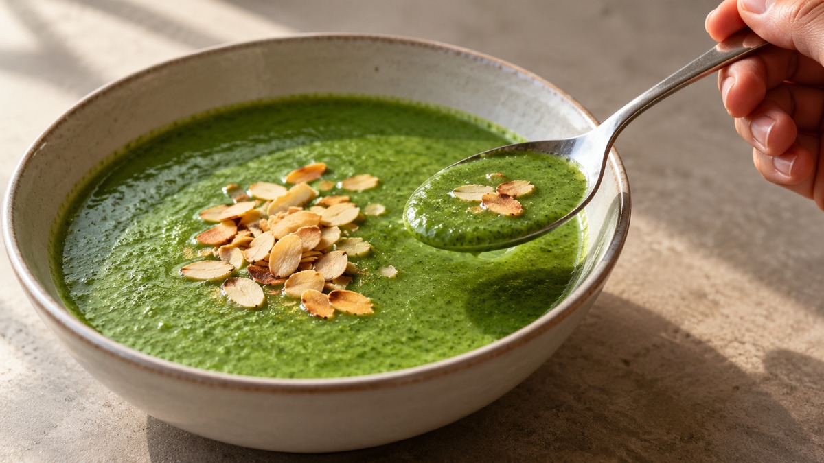 Brokkoli-Spinat-Suppe mit gerösteten Mandeln