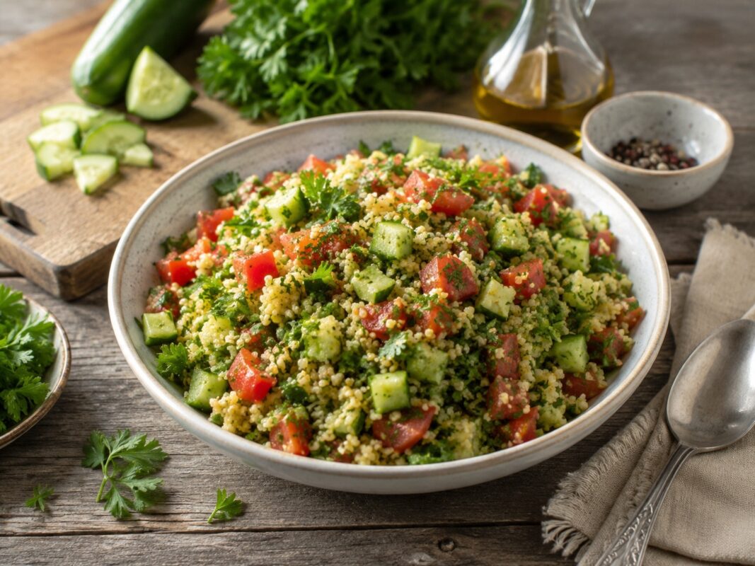 Eine Schale mit lockerem Bulgur, Gurkenwürfeln, Tomaten und reichlich Petersilie.
