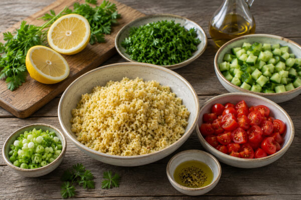 Zutaten- und Vorbereitungsansicht mit gegartem Bulgur, Gurkenwürfeln, Tomaten, Petersilie, Frühlingszwiebeln, Zitronen und Olivenöl auf rustikalem Holztisch.