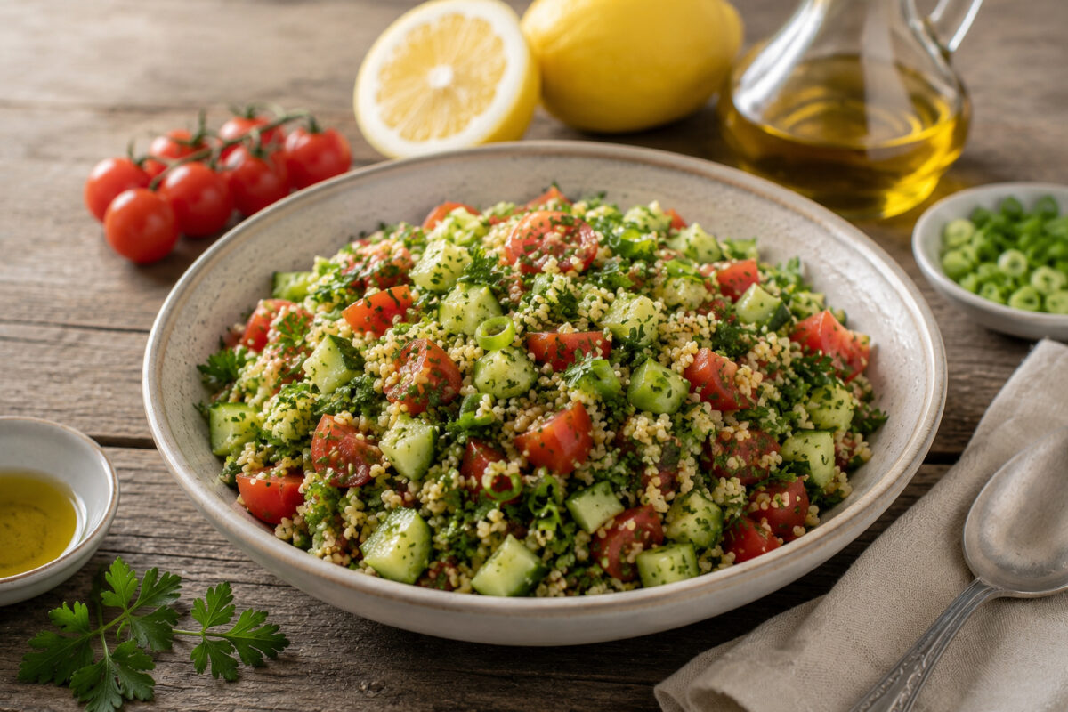 Fertiger Bulgur-Salat mit Gurke, Tomaten, reichlich Petersilie und Frühlingszwiebeln in einer hellen Keramikschale, aus anderer Perspektive als Bild 1.