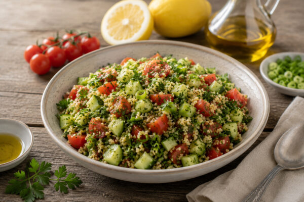 Fertiger Bulgur-Salat mit Gurke, Tomaten, reichlich Petersilie und Frühlingszwiebeln in einer hellen Keramikschale, aus anderer Perspektive als Bild 1.