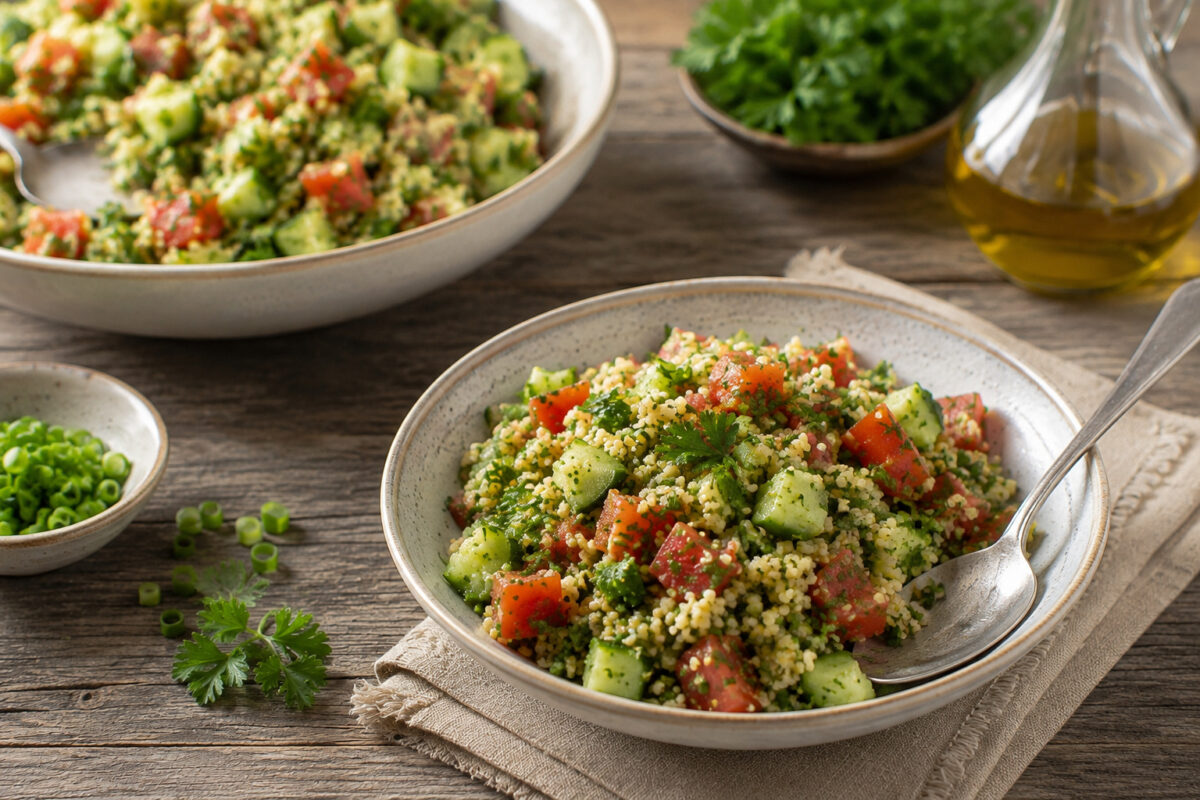 Servierszene mit einer Portion Bulgur-Salat in einer kleineren Keramikschale; Gurke, Tomate und Petersilie bleiben deutlich sichtbar, Hauptschale im Hintergrund.