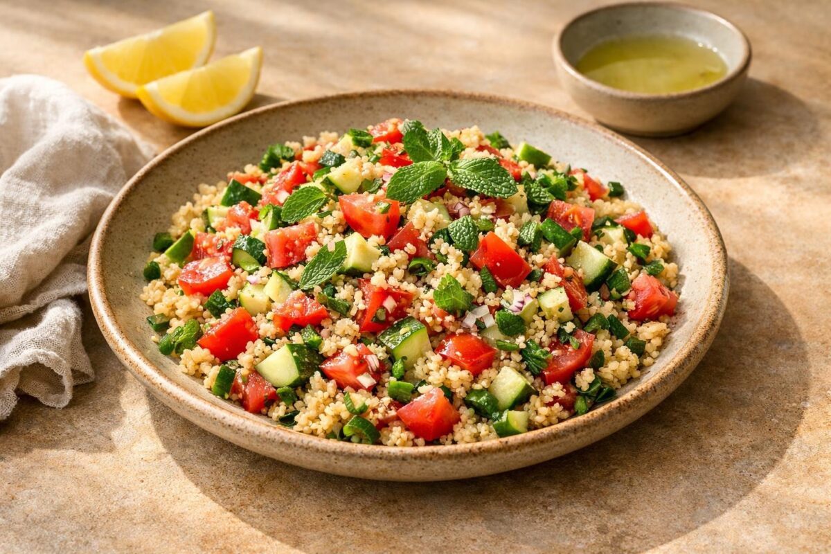 Hauptansicht des fertigen Gerichts. Rezept: Bulgursalat mit Tomaten, Gurke und Minze