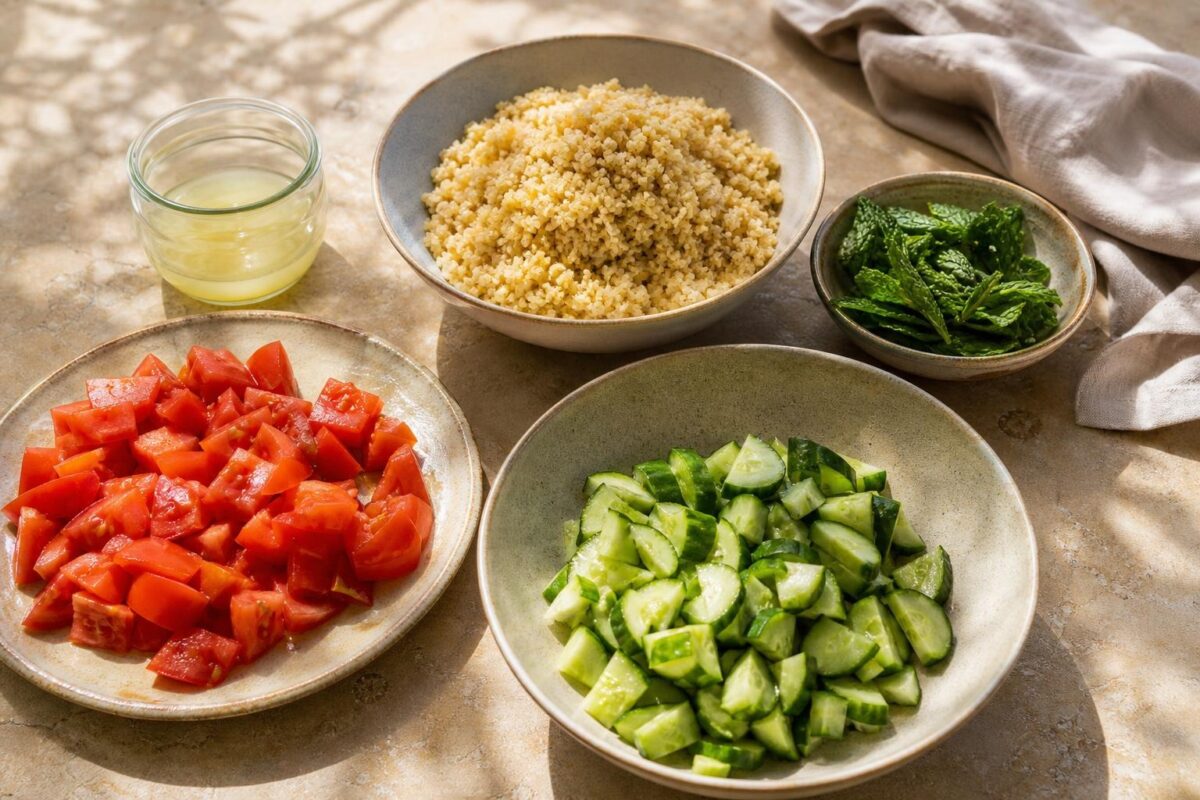 Zutaten- und Vorbereitungsansicht. Rezept: Bulgursalat mit Tomaten, Gurke und Minze