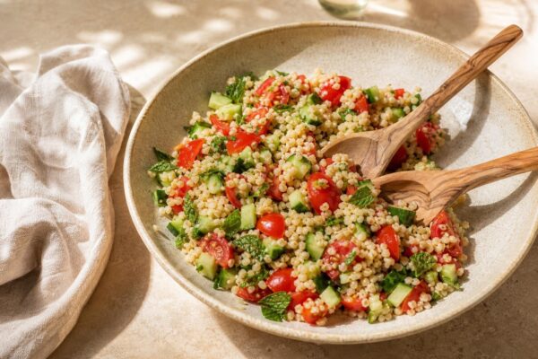Servierszene mit dem fertigen Gericht. Rezept: Bulgursalat mit Tomaten, Gurke und Minze