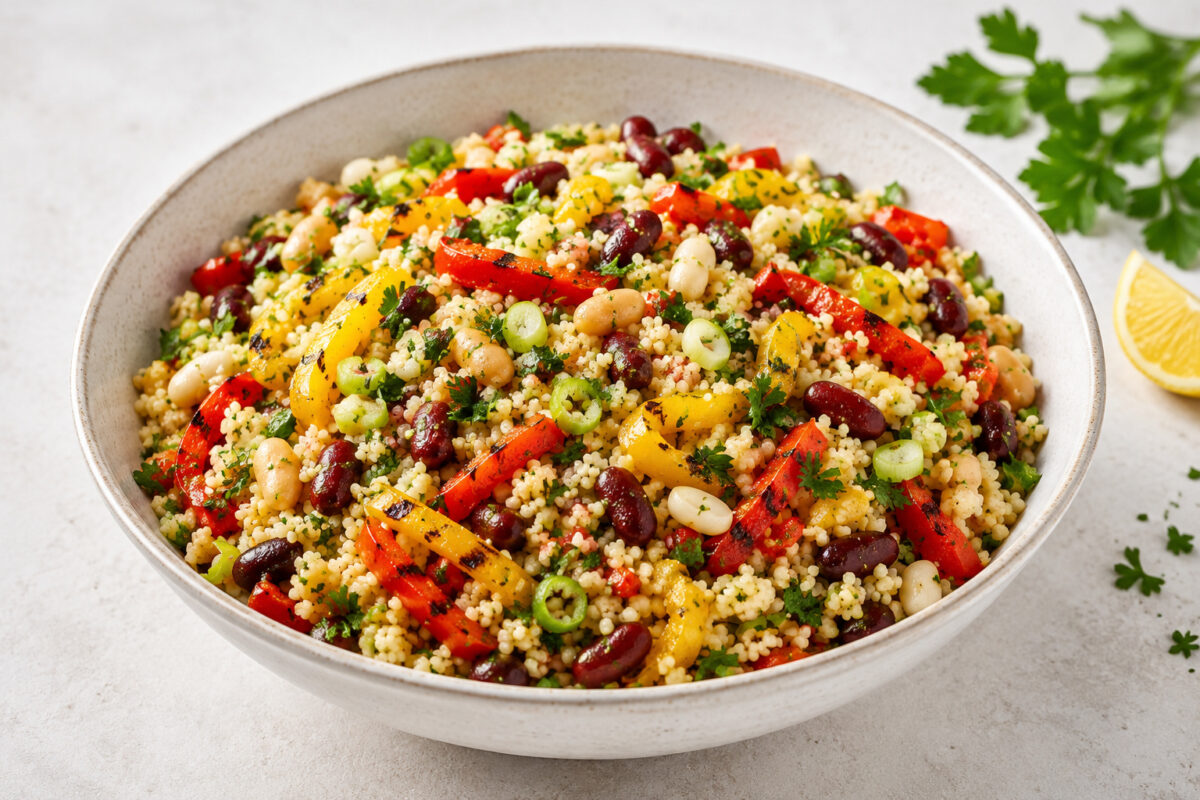 Fertiger bunter Couscous-Salat mit gegrillter roter und gelber Paprika, gemischten Bohnen, Petersilie und Frühlingszwiebeln in einer hellen Keramikschale.