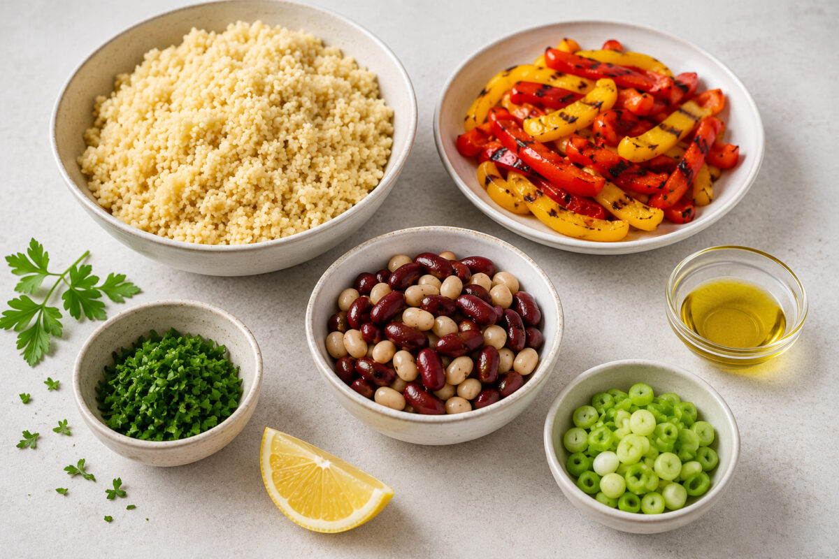 Zutaten- und Vorbereitungsansicht mit gegartem Couscous, gegrillter roter und gelber Paprika, gemischten Bohnen, Petersilie, Frühlingszwiebeln, Zitrone und Olivenöl.