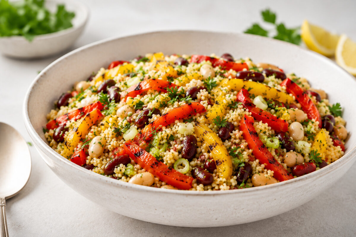 Fertiger bunter Couscous-Salat aus alternativer, tieferer Perspektive in einer hellen Keramikschale.
