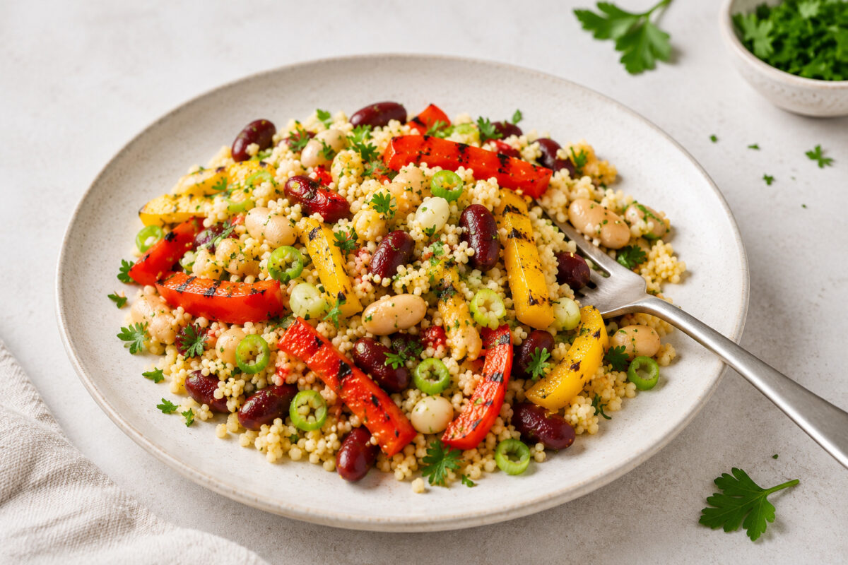 Servierszene des fertigen Couscous-Salats auf einem hellen Teller mit Gabel.