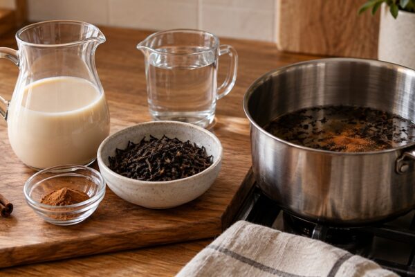 Chai mit Haferdrink: Verwendete Zutaten und nachvollziehbare Vorbereitung.