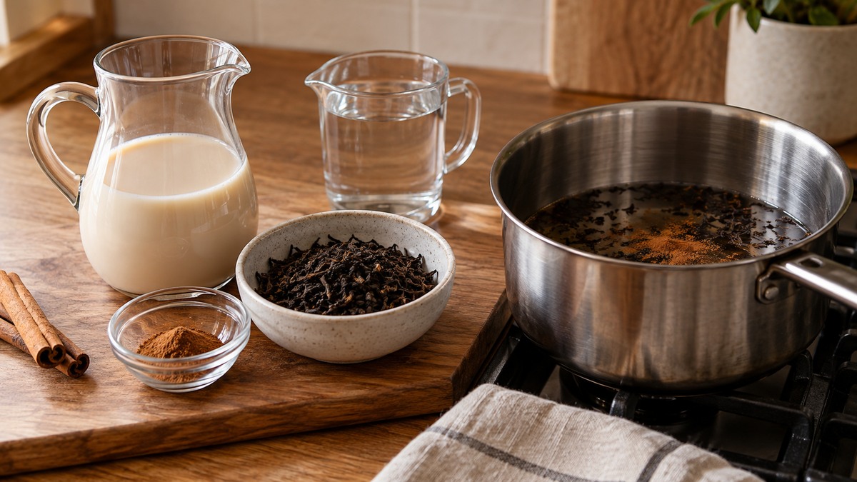 Chai mit Haferdrink: Verwendete Zutaten und nachvollziehbare Vorbereitung.