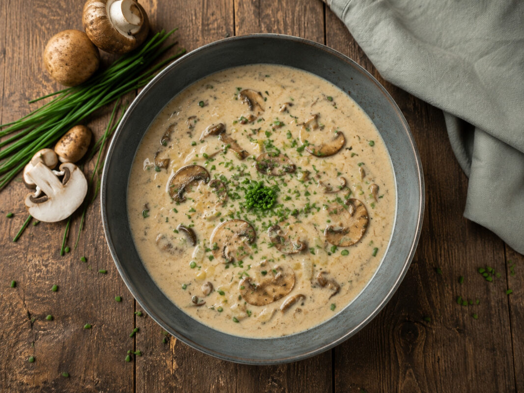 Fertige Champignon-Lauch-Suppe in Draufsicht mit sichtbaren Champignonscheiben und Schnittlauch.