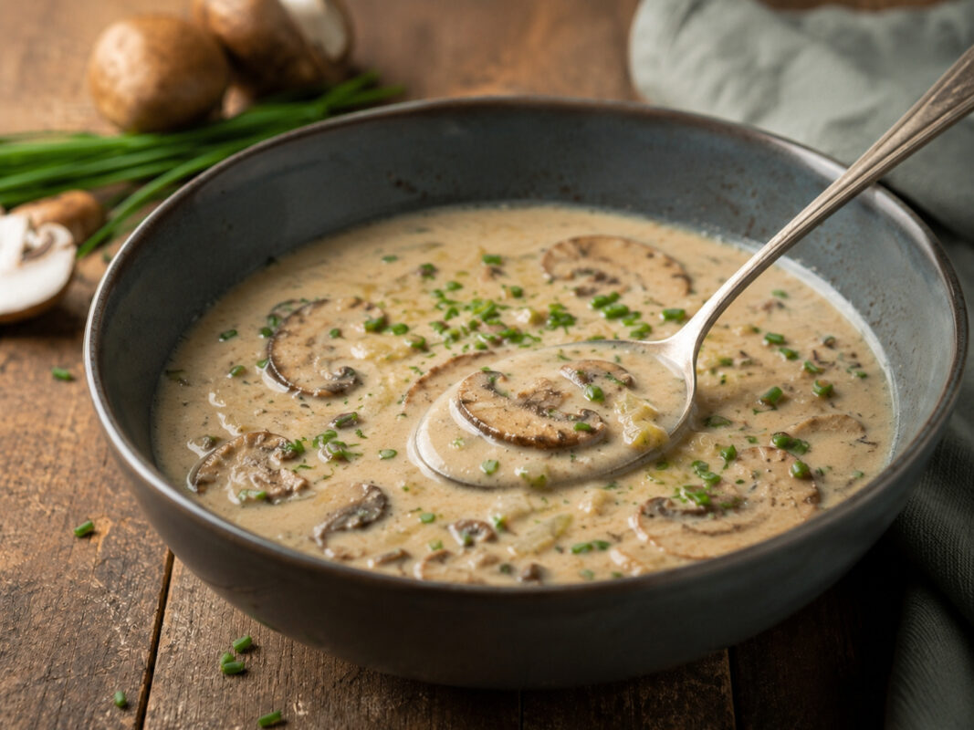 Fertige Champignon-Lauch-Suppe als alternative Servier- und Detailansicht.