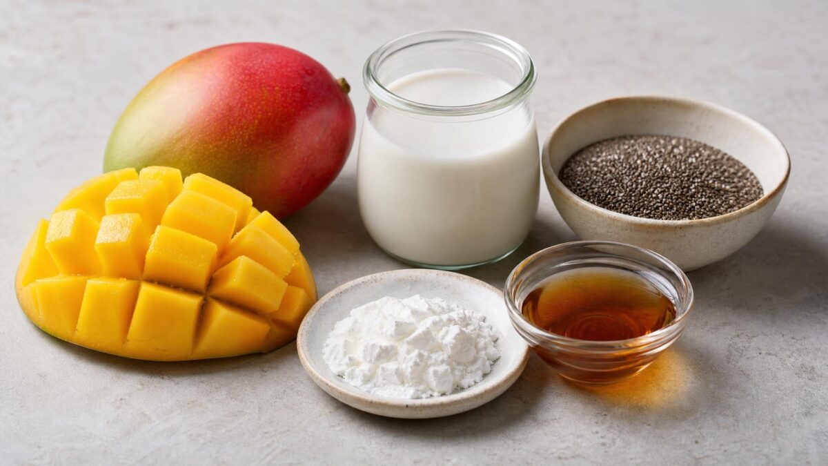 Zutaten- und Vorbereitungsansicht zum Rezept. Rezept: Chia-Pudding mit Mango und Kokos