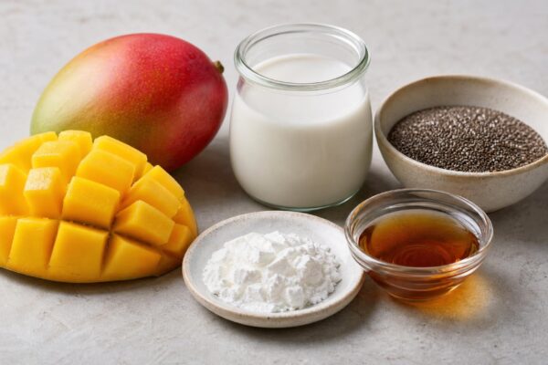 Zutaten- und Vorbereitungsansicht zum Rezept. Rezept: Chia-Pudding mit Mango und Kokos