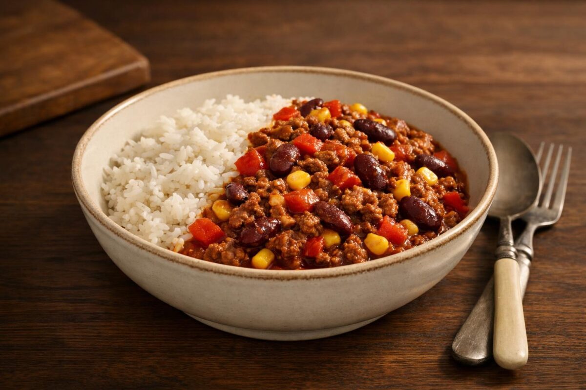 Hauptansicht des fertigen Gerichts. Rezept: Chili con Carne mit Reis