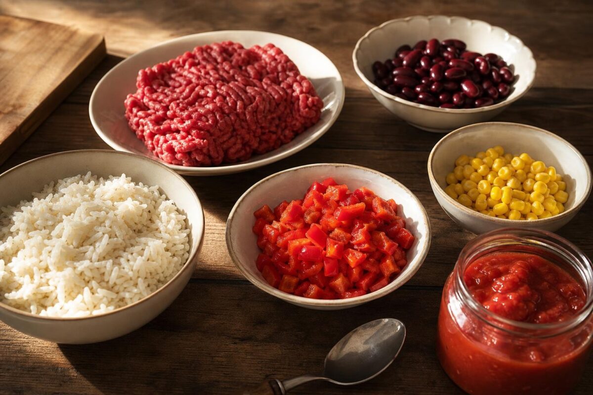 Zutaten- und Vorbereitungsansicht. Rezept: Chili con Carne mit Reis