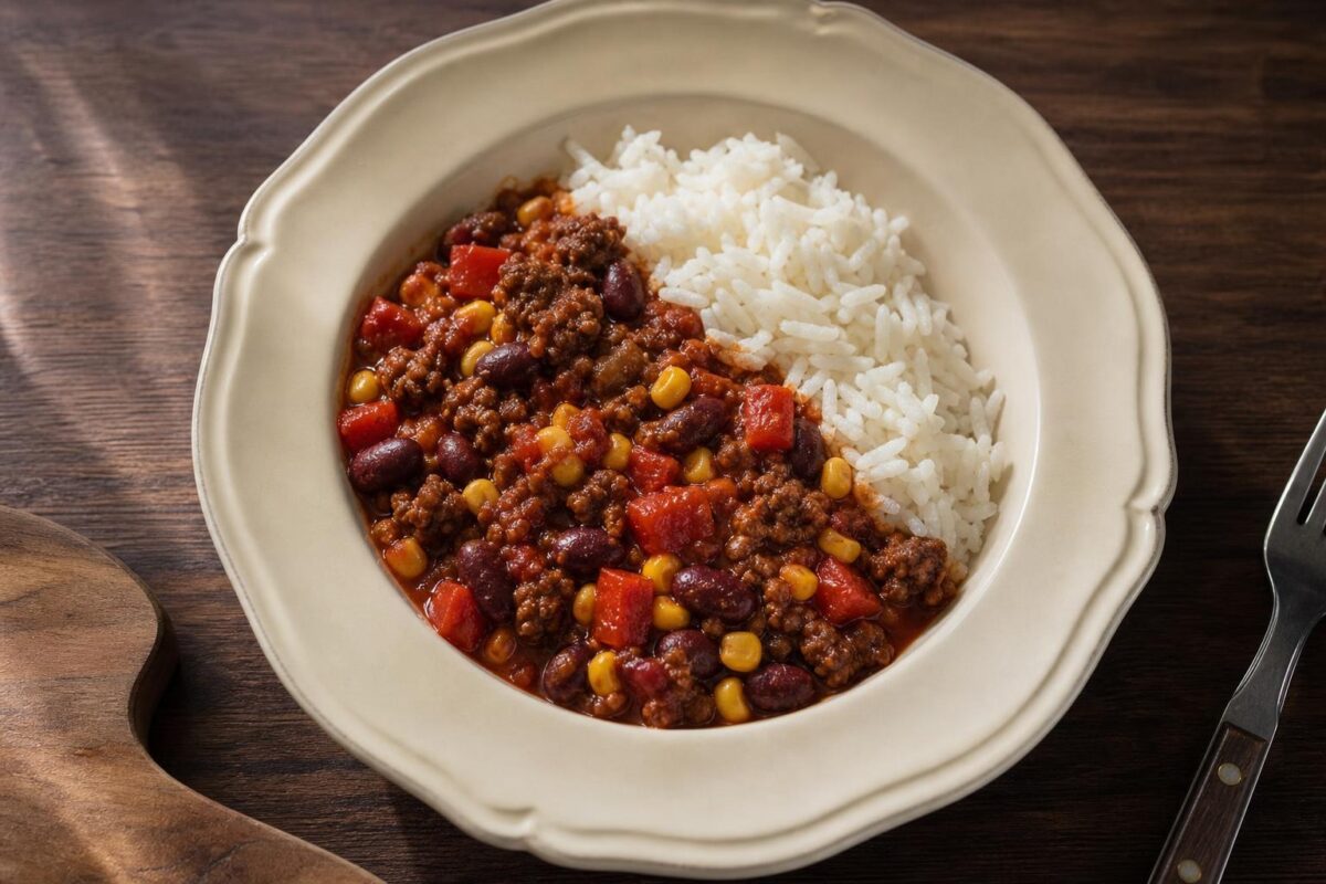 Fertiges Gericht aus einer alternativen Perspektive. Rezept: Chili con Carne mit Reis