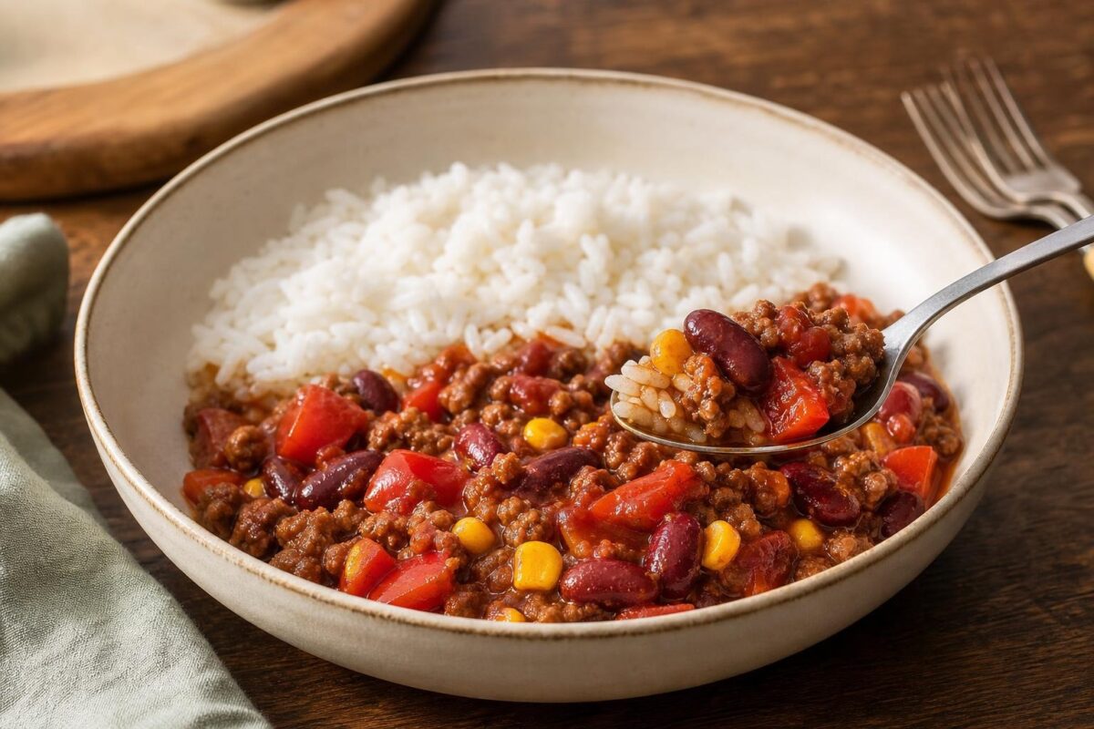Servierszene mit dem fertigen Gericht. Rezept: Chili con Carne mit Reis