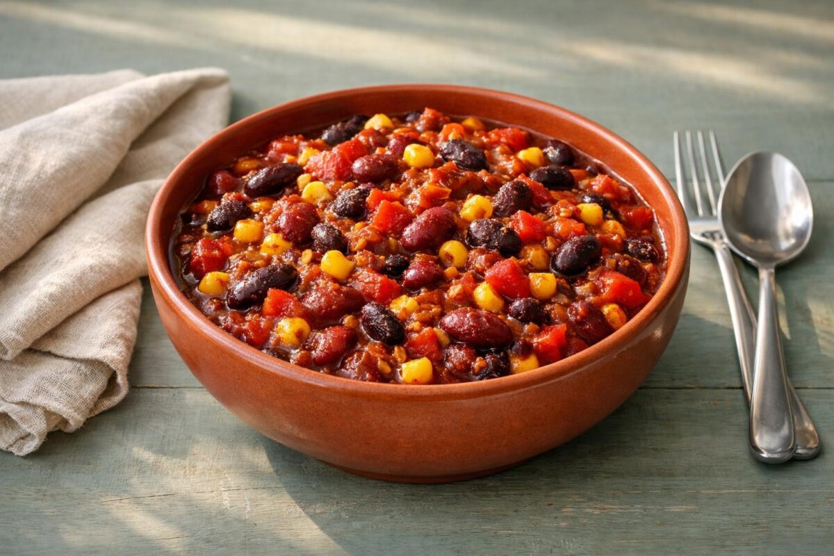 Hauptansicht des fertigen Gerichts. Rezept: Chili sin Carne mit Bohnen und Mais