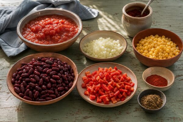 Zutaten- und Vorbereitungsansicht. Rezept: Chili sin Carne mit Bohnen und Mais