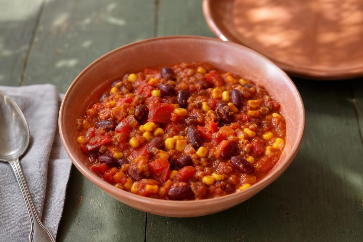 Fertiges Gericht aus einer alternativen Perspektive. Rezept: Chili sin Carne mit Bohnen und Mais