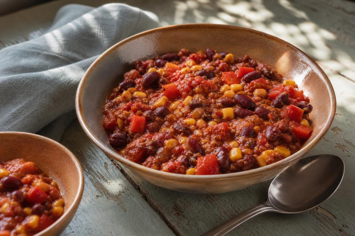 Servierszene mit dem fertigen Gericht. Rezept: Chili sin Carne mit Bohnen und Mais