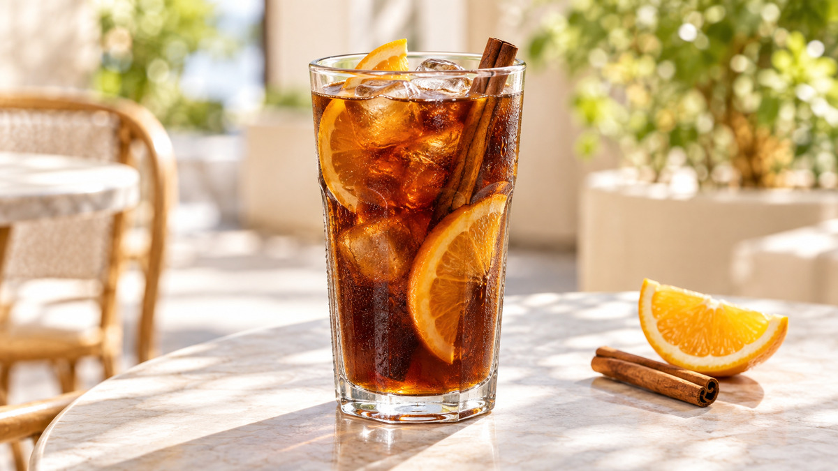 Cold Brew mit Zimt und Orange: Fertiges Getränk als zentrales Hauptmotiv.