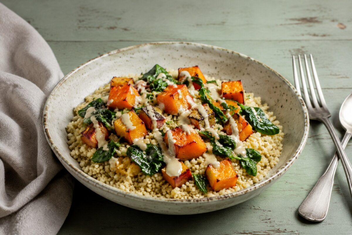 Hauptansicht des fertigen Gerichts. Rezept: Couscous-Bowl mit Kürbis, Spinat und Tahini