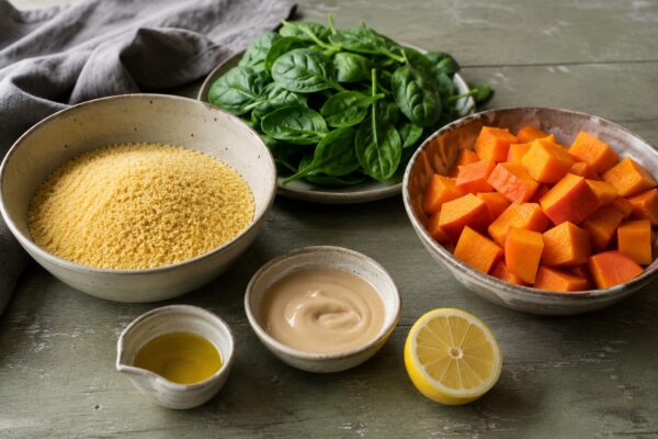 Zutaten- und Vorbereitungsansicht. Rezept: Couscous-Bowl mit Kürbis, Spinat und Tahini