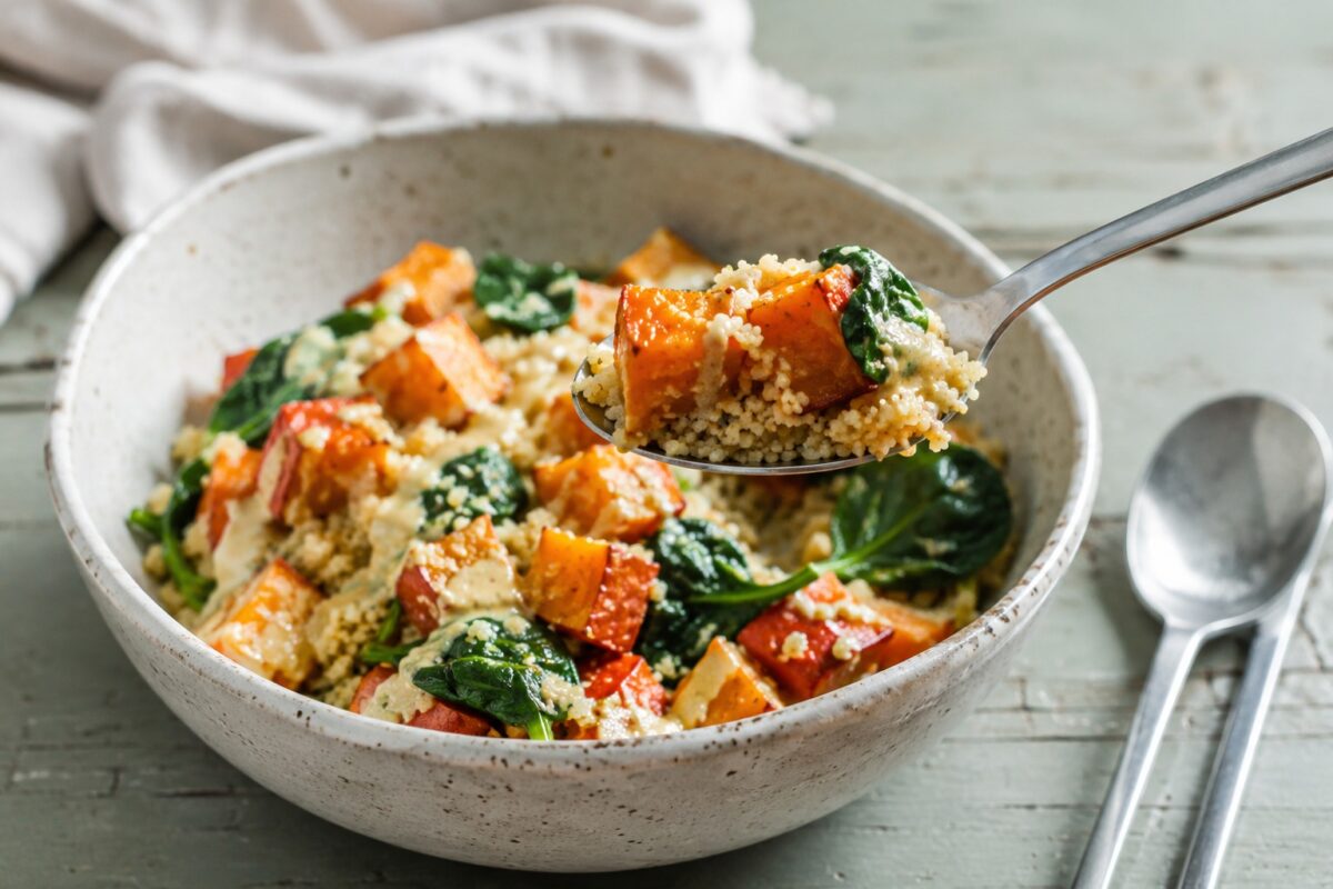 Servierszene mit dem fertigen Gericht. Rezept: Couscous-Bowl mit Kürbis, Spinat und Tahini