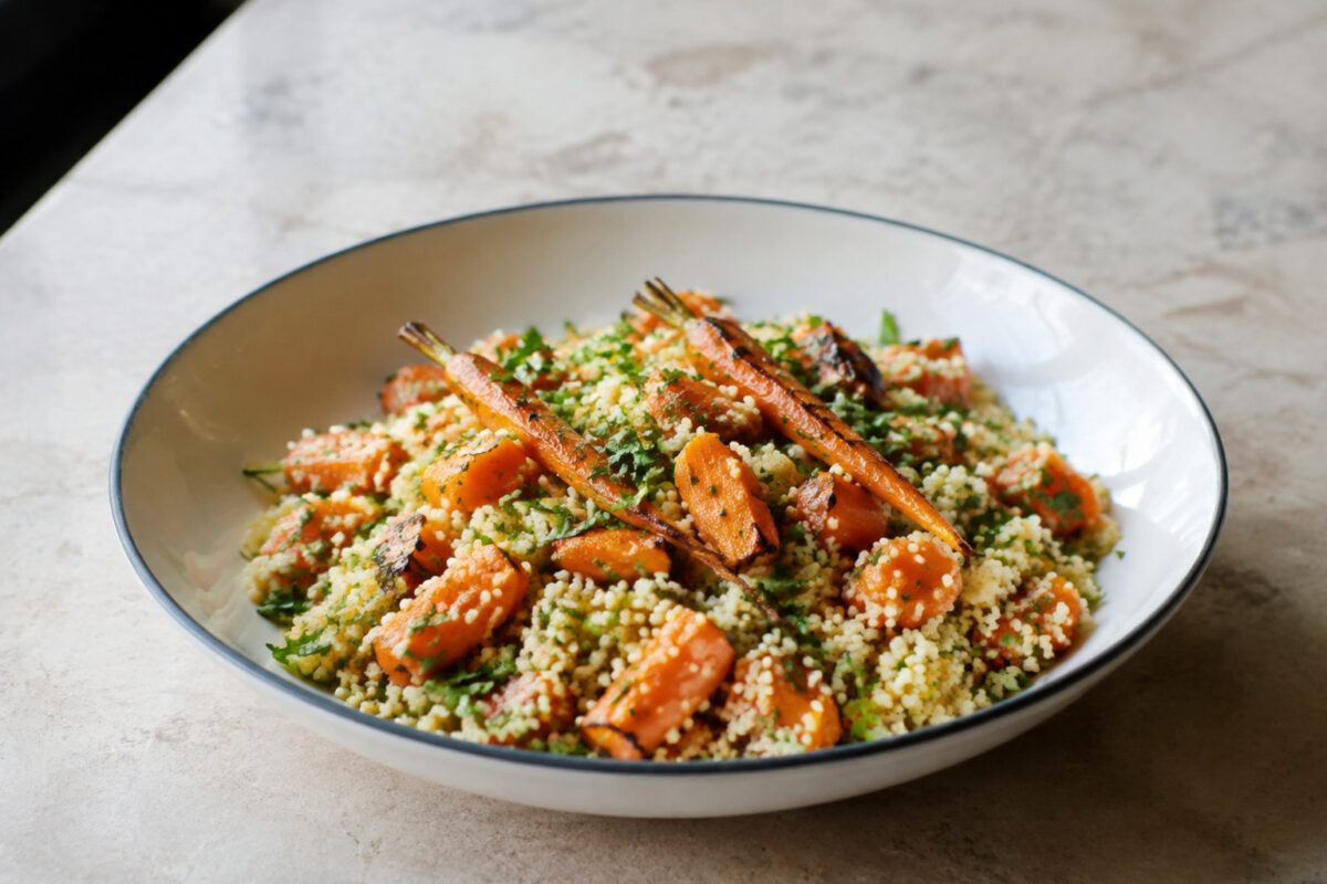 Hauptansicht des fertigen Gerichts. Rezept: Couscous-Kräuter-Salat mit gerösteten Möhren