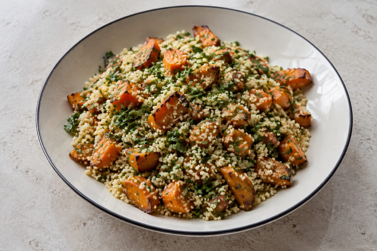 Fertiges Gericht aus alternativer Perspektive. Rezept: Couscous-Kräuter-Salat mit gerösteten Möhren