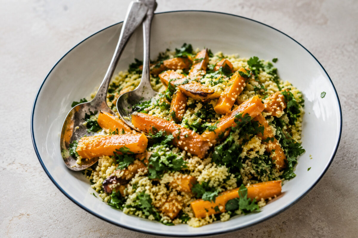 Servierszene mit dem fertigen Gericht. Rezept: Couscous-Kräuter-Salat mit gerösteten Möhren