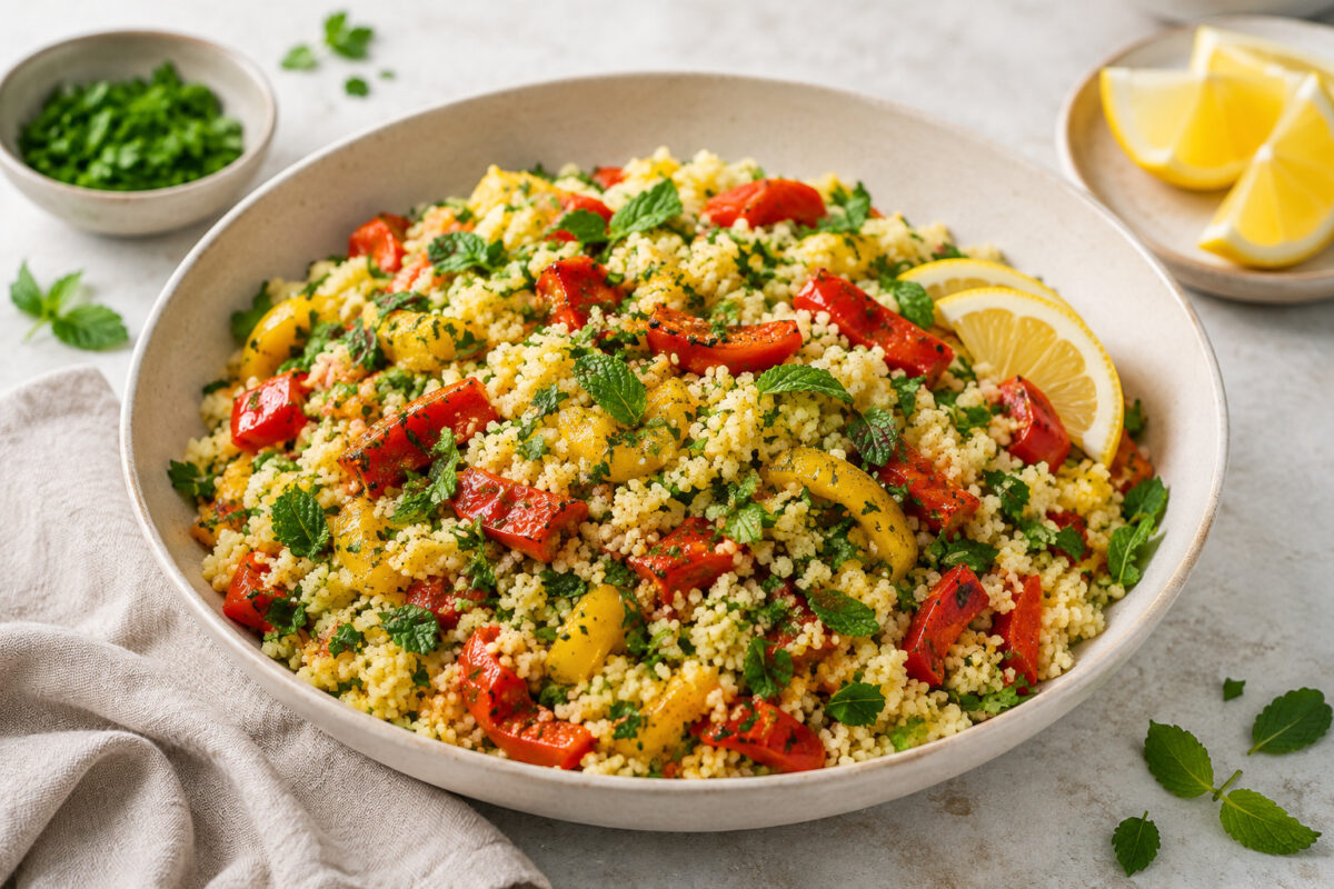 Fertiges Couscousgericht mit gerösteter roter und gelber Paprika, Petersilie, Minze und Zitrone in einer breiten beigen Keramikschale.