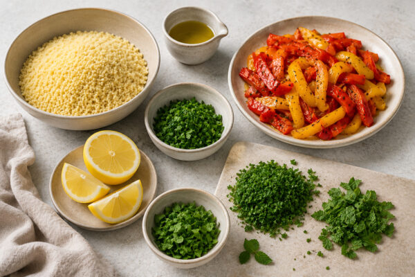 Zutaten- und Vorbereitungsansicht mit Couscous, gerösteter roter und gelber Paprika, Petersilie, Minze, Zitrone und Olivenöl.