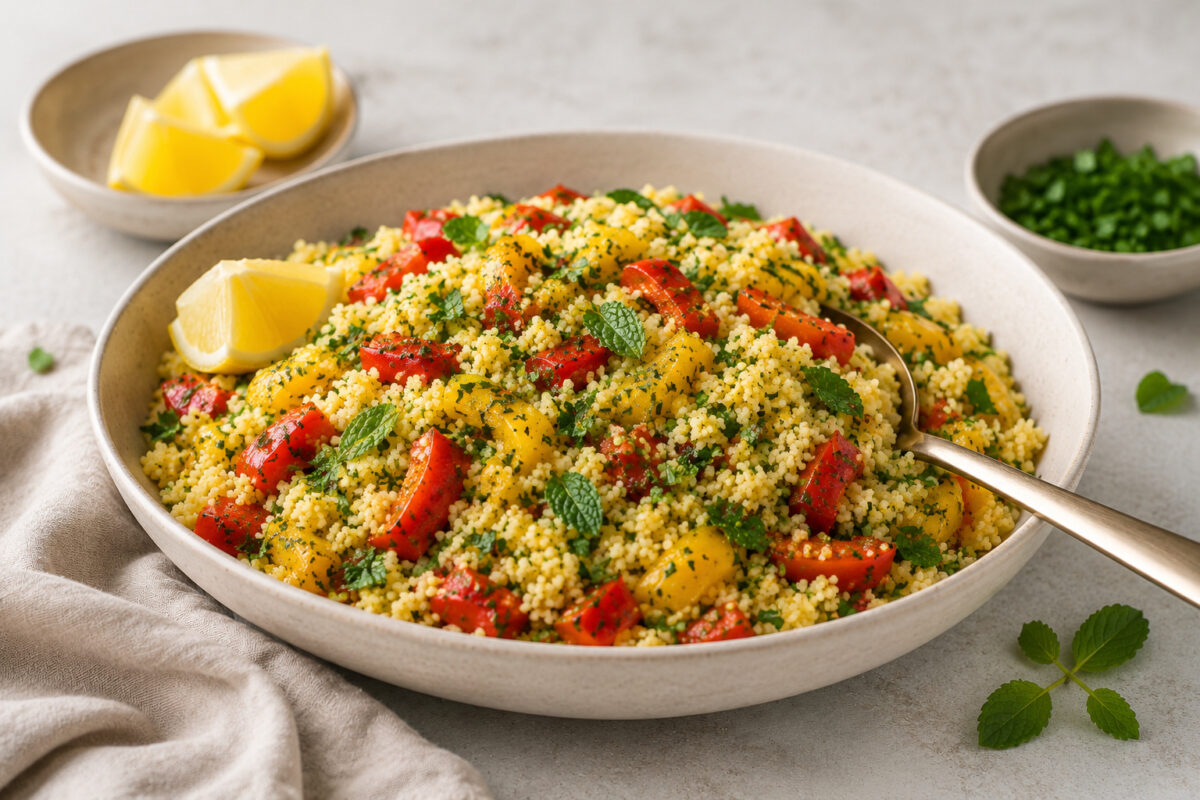 Fertiges Couscousgericht aus deutlich anderer Perspektive mit gerösteter Paprika, Kräutern, Zitrone und Servierlöffel.