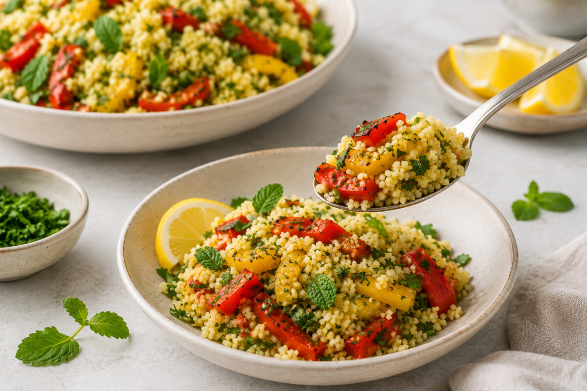 Servierszene mit portionsweise angerichtetem Couscous, Paprika, Kräutern und Zitrone sowie einem angehobenen Servierlöffel.