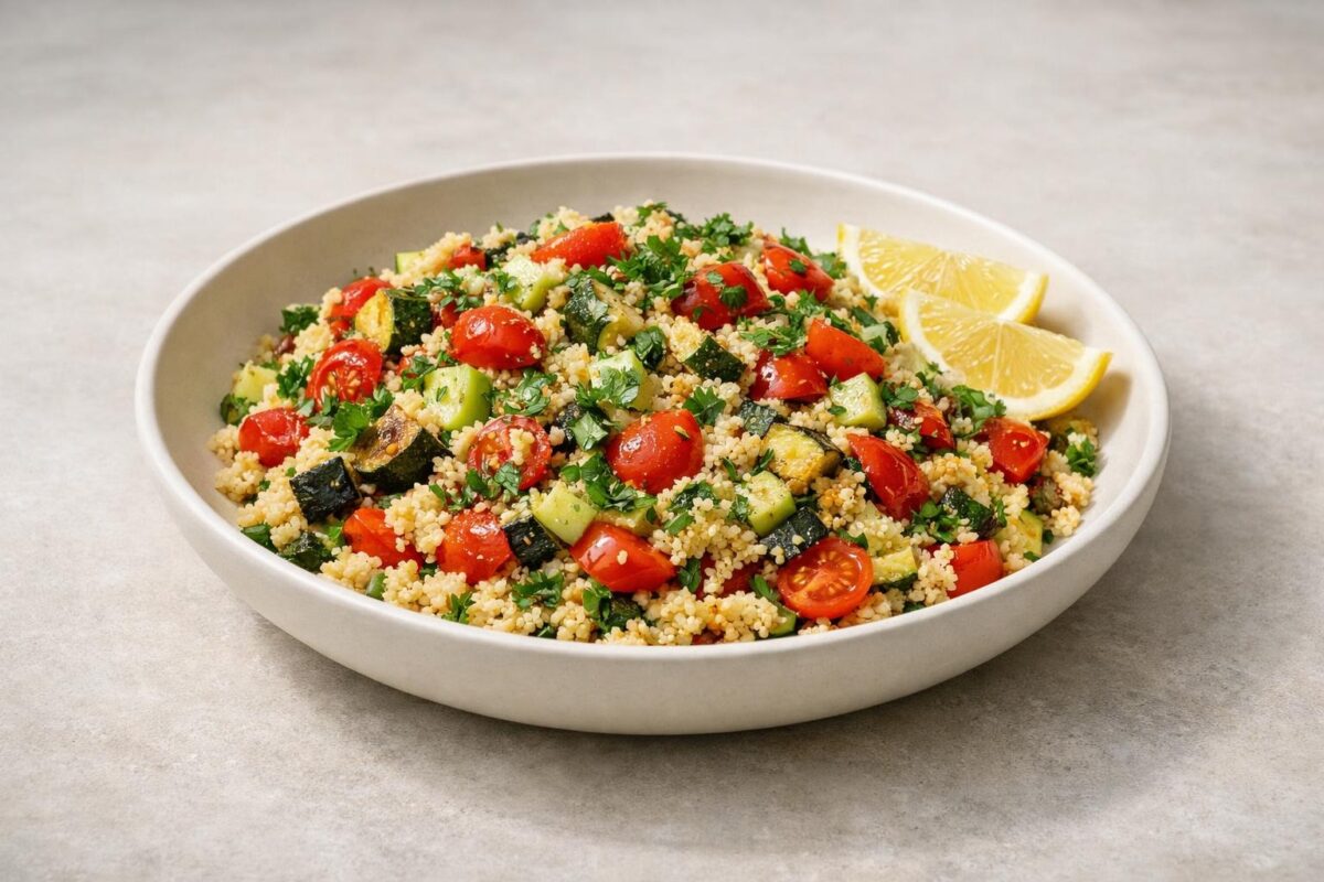 Hauptansicht des fertigen Gerichts. Rezept: Couscous-Salat mit Ofengemüse und Kräutern