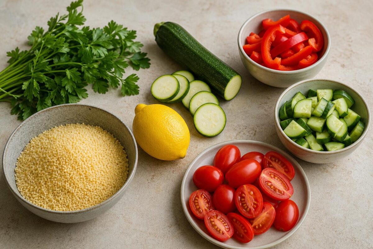 Zutaten- und Vorbereitungsansicht. Rezept: Couscous-Salat mit Ofengemüse und Kräutern