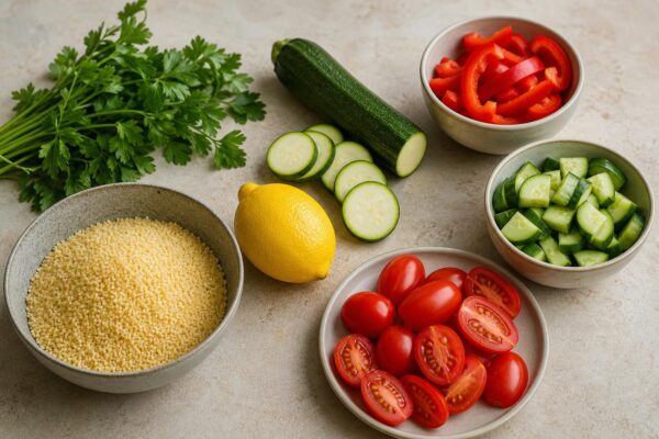 Zutaten- und Vorbereitungsansicht. Rezept: Couscous-Salat mit Ofengemüse und Kräutern