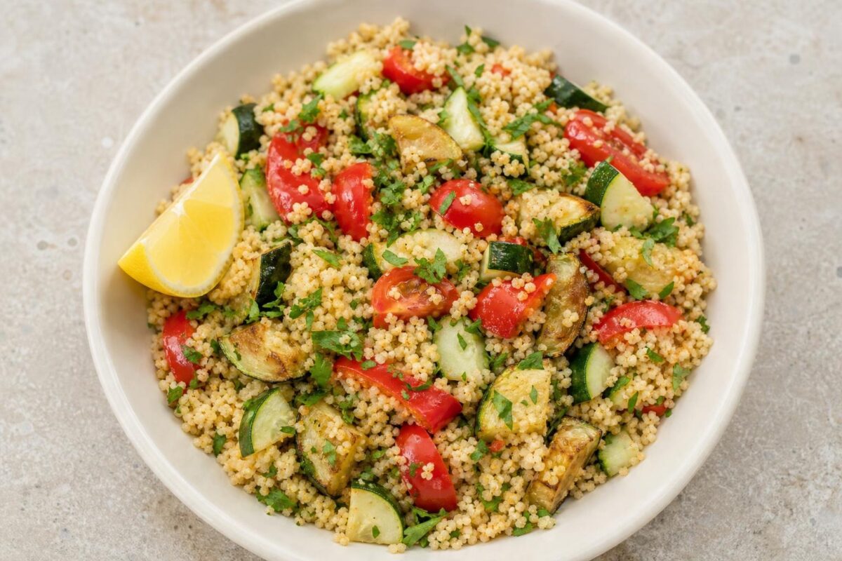 Fertiges Gericht aus einer alternativen Perspektive. Rezept: Couscous-Salat mit Ofengemüse und Kräutern
