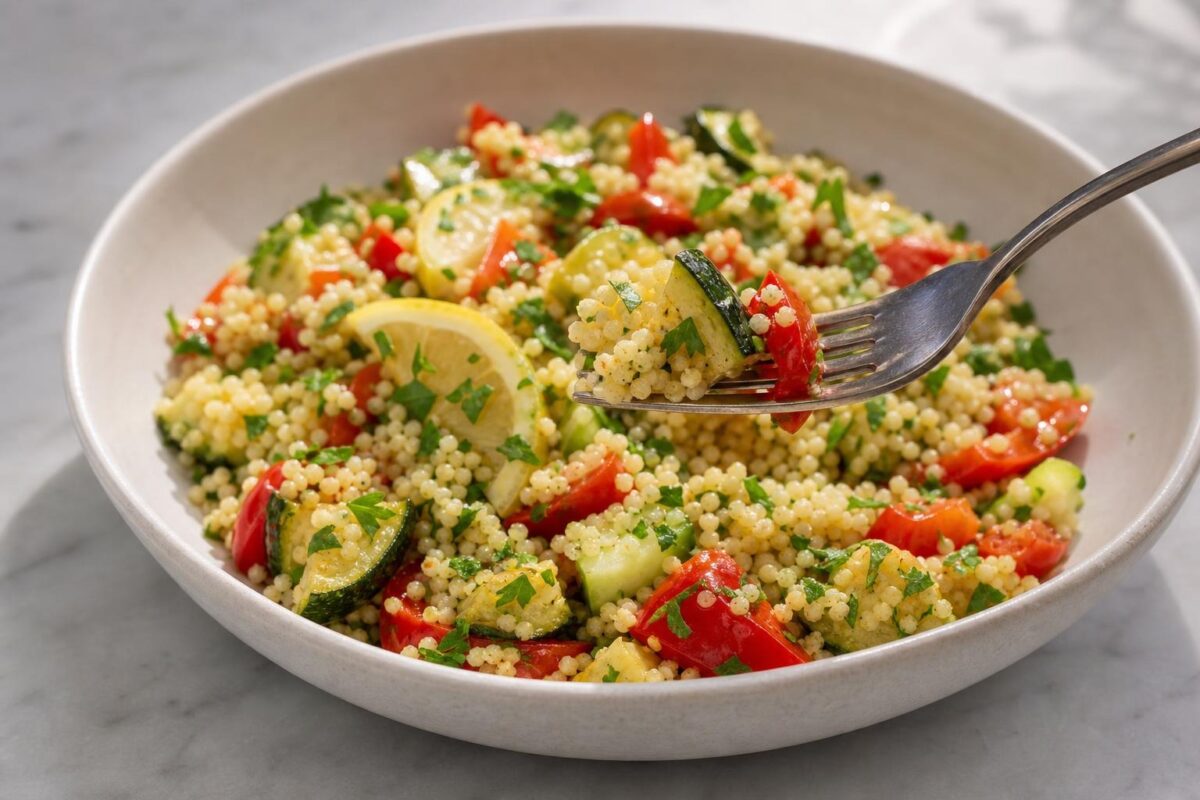 Servierszene mit dem fertigen Gericht. Rezept: Couscous-Salat mit Ofengemüse und Kräutern
