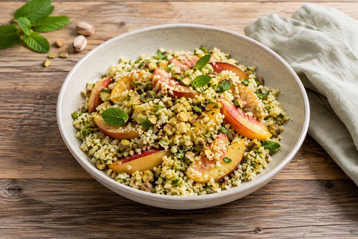 Große helle Schale mit lockerem Couscous, Pfirsichspalten, gehackten Pistazien und frischen Kräutern.