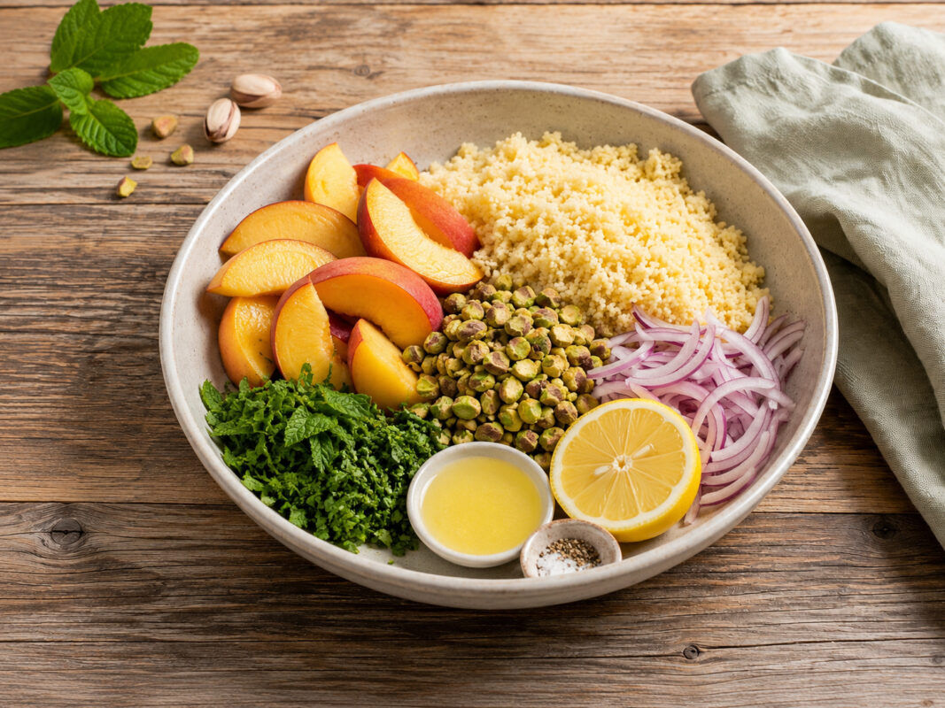 Zutaten- und Vorbereitungsansicht in derselben großen hellen Keramikschale auf rustikalem Holztisch: Couscous, Pfirsichspalten, gehackte Pistazien, rote Zwiebel, gehackte Minze und Petersilie sowie eine Zitronenhälfte und kleine neutrale Schälchen mit Dr…