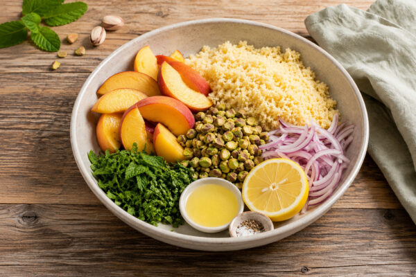 Zutaten- und Vorbereitungsansicht in derselben großen hellen Keramikschale auf rustikalem Holztisch: Couscous, Pfirsichspalten, gehackte Pistazien, rote Zwiebel, gehackte Minze und Petersilie sowie eine Zitronenhälfte und kleine neutrale Schälchen mit Dr…
