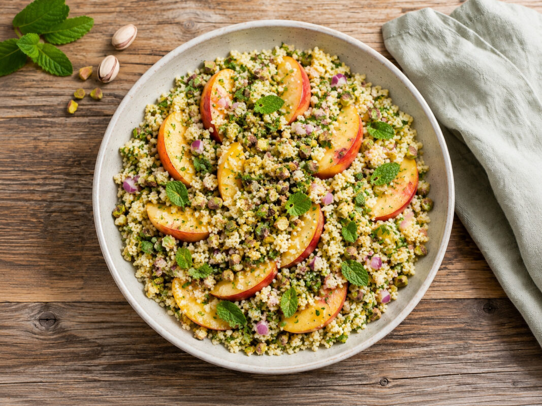 Draufsicht auf das fertig angerichtete Gericht in derselben großen hellen Keramikschale: lockerer Couscous-Salat mit Pfirsichspalten, Pistazien, roten Zwiebelwürfeln und frischen Kräutern. Rustikaler Holztisch, hellgrünes Tuch rechts, Minze und Pistazien…